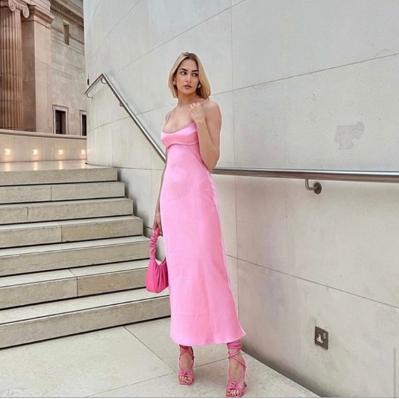 ZARA Satin Effect Cut Out Pink Slip Dress - Picture 5 of 14